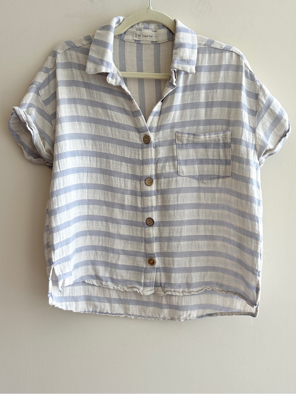 By Together Short Sleeve Button Down Striped Shirt, White/Periwinkle, Size Small